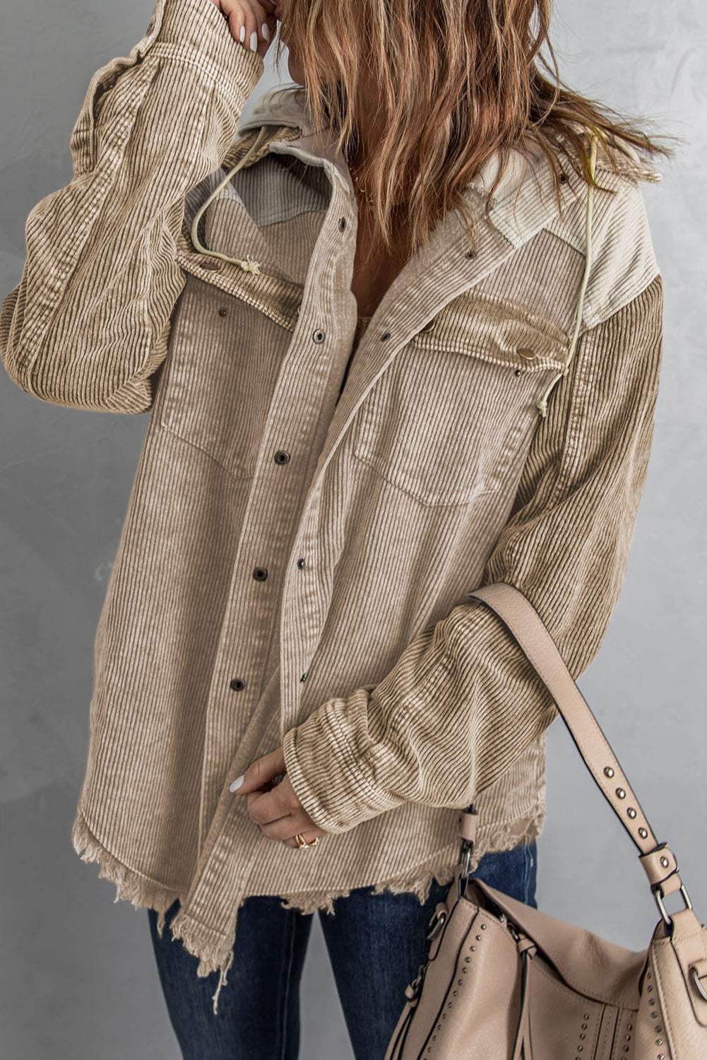 Snap Front Hooded Corduroy Shacket - Trendsi - Flyclothing LLC