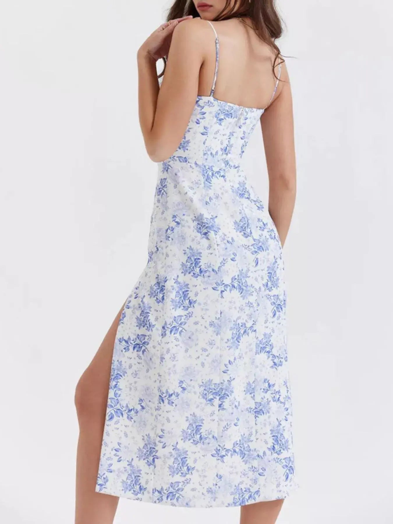 Floral Print Lace Trim Slit Midi Dress - Trendsi - Flyclothing LLC