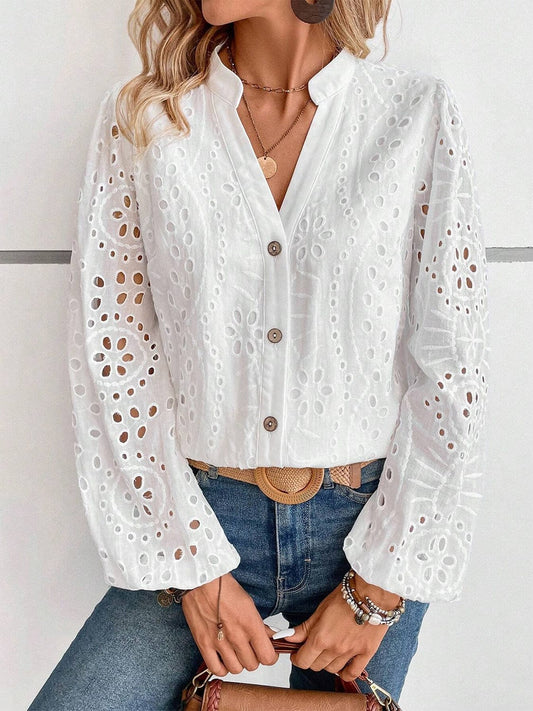 Cutout Notched Long Sleeve Blouse - Trendsi