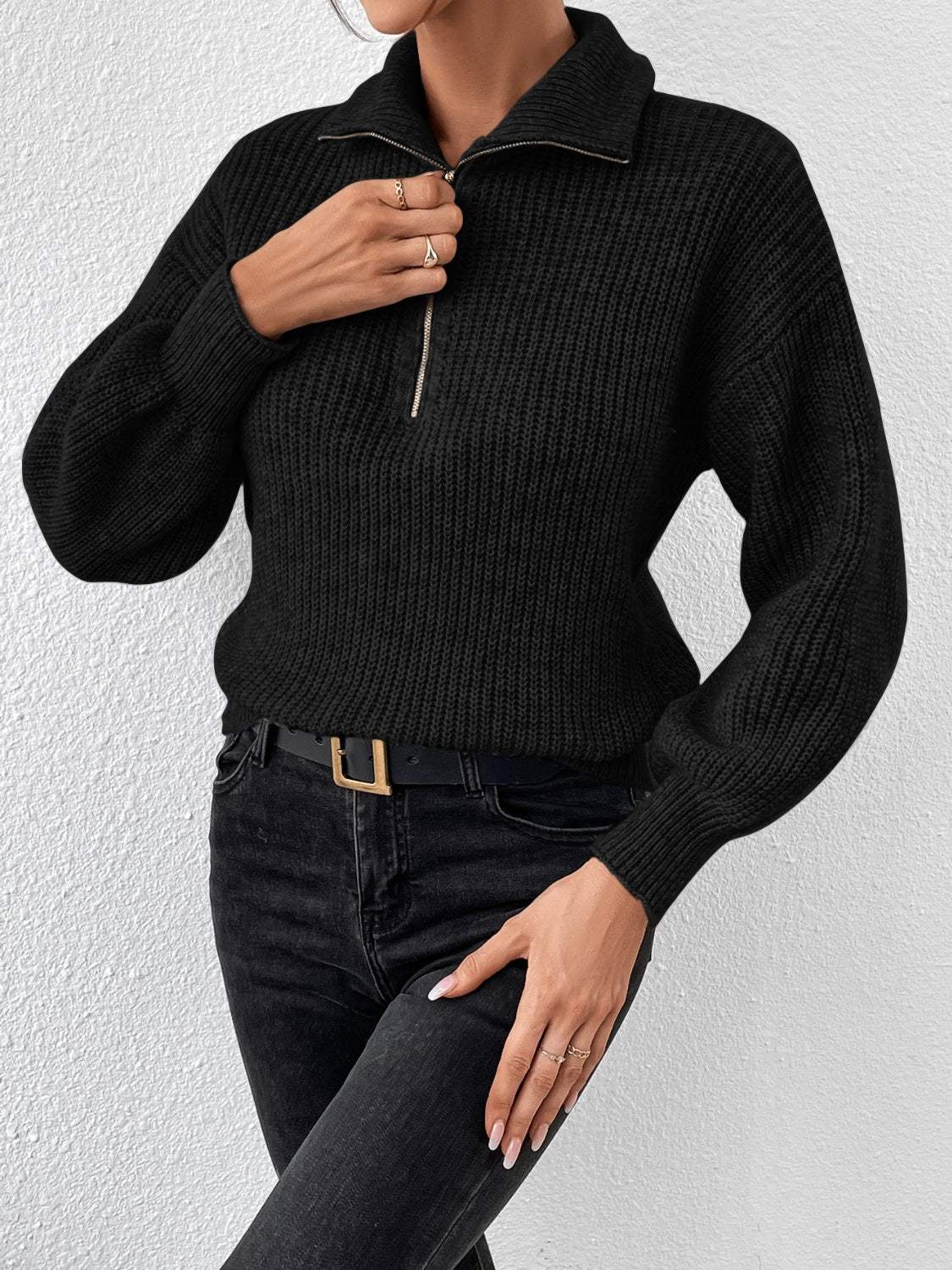 Honey Half Zip Dropped Shoulder Sweater - Trendsi - Flyclothing LLC