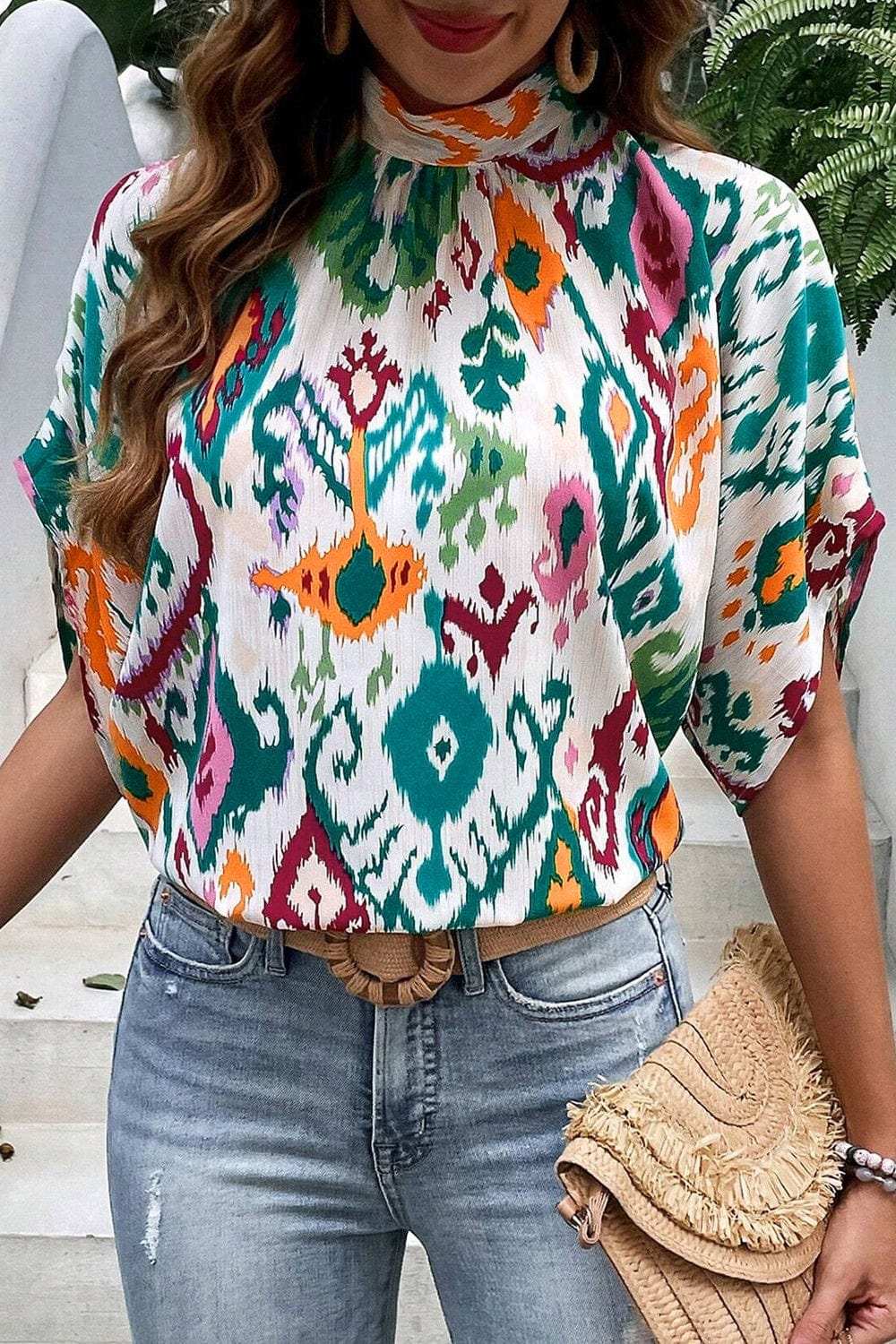 Printed Mock Neck Half Sleeve Blouse - Trendsi - Flyclothing LLC