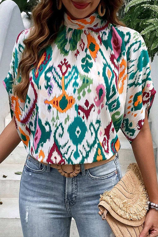 Printed Mock Neck Half Sleeve Blouse - Trendsi - Flyclothing LLC