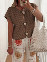 Crochet Short Sleeve Button Front Cardigan - Trendsi - Flyclothing LLC