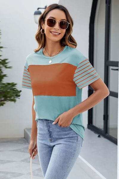 Color Block Round Neck Short Sleeve T-Shirt - Trendsi - Flyclothing LLC