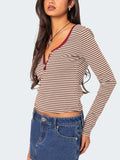 Buttoned Striped Long Sleeve T-Shirt - Trendsi - Flyclothing LLC