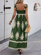 Smocked Printed Wide Strap Maxi Dress - Trendsi - Flyclothing LLC