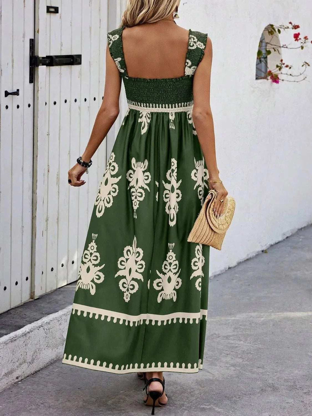 Smocked Printed Wide Strap Maxi Dress - Trendsi - Flyclothing LLC