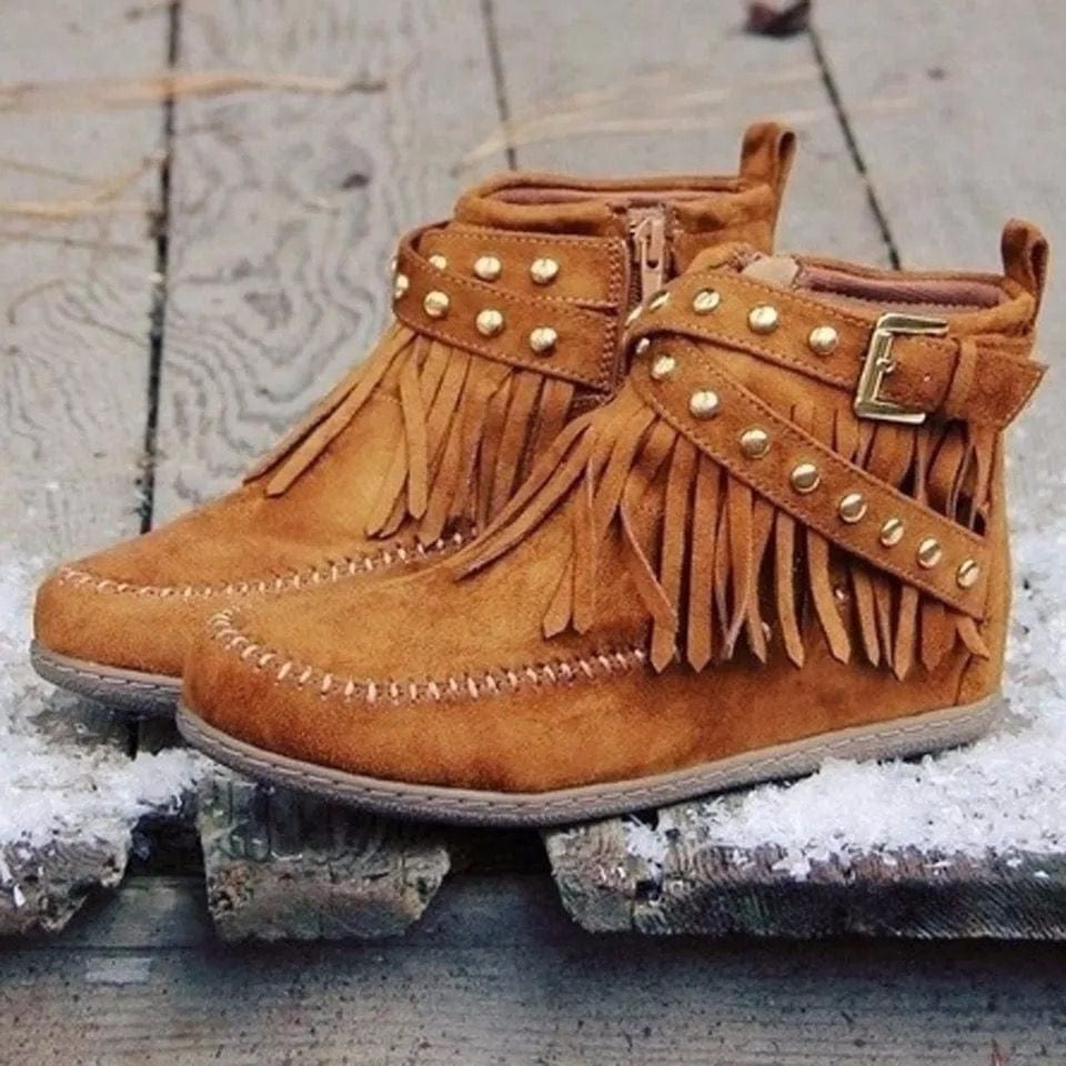 Fringe Studded Suede Flat Boots - Trendsi