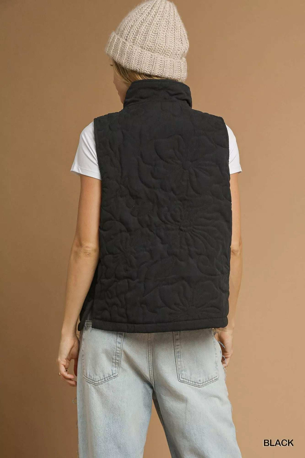 Umgee Quilted Floral Zip Up Vest with Pockets - Trendsi - Flyclothing LLC