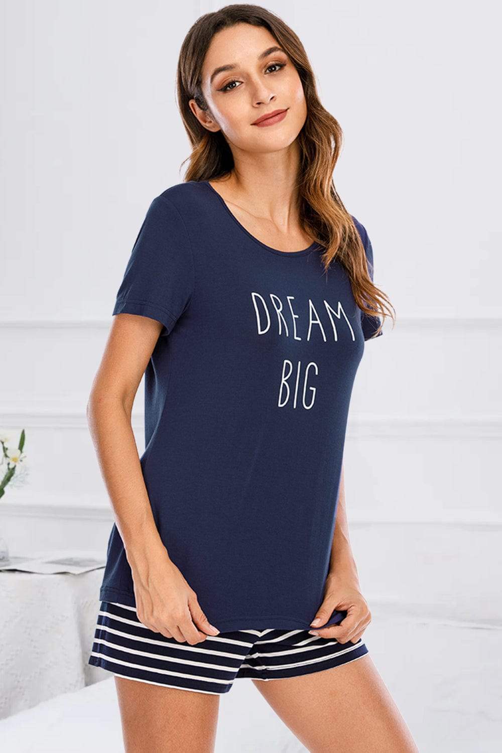 Graphic Round Neck Top and Striped Shorts Lounge Set - Trendsi - Flyclothing LLC
