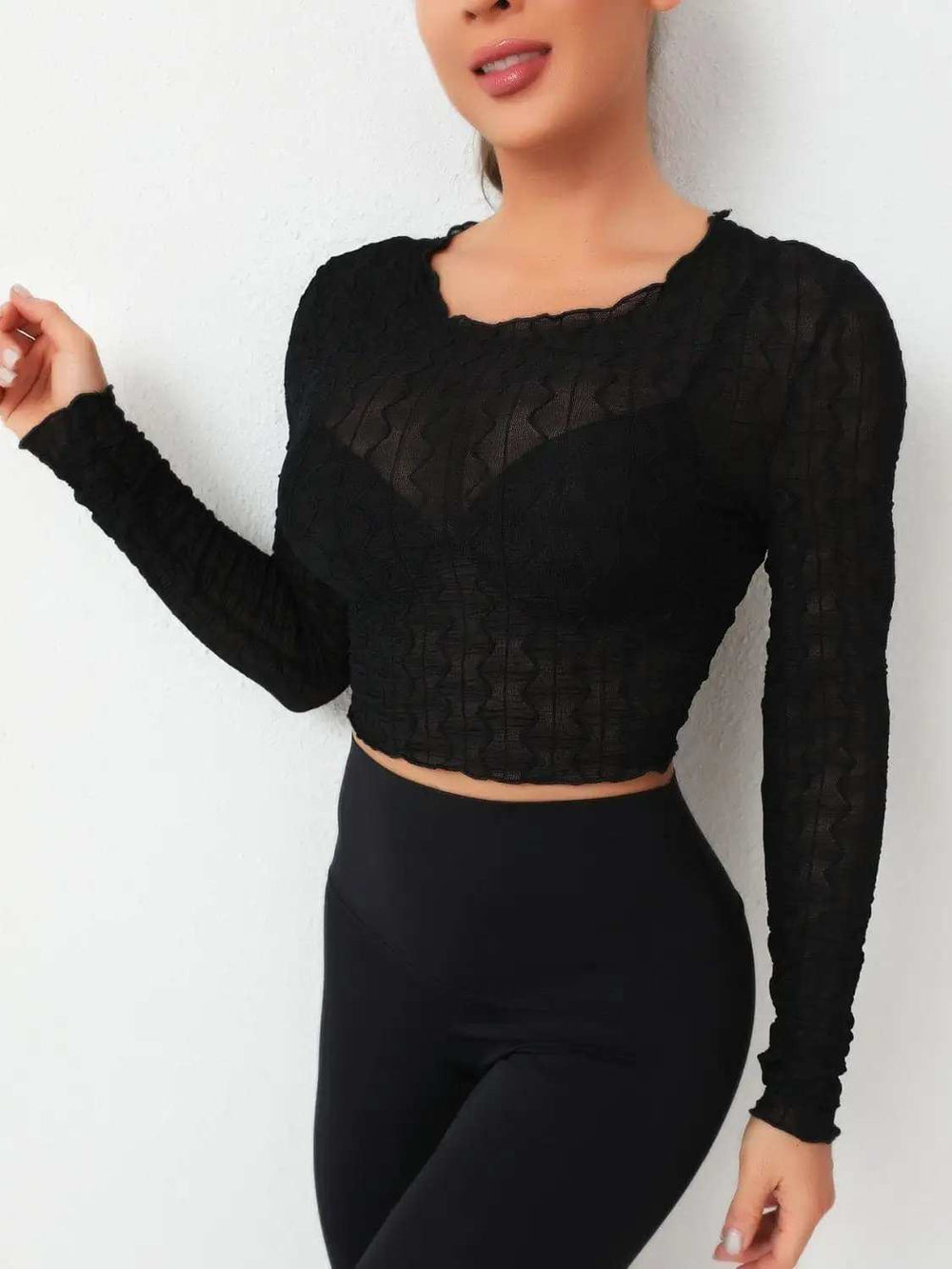 Textured Round Neck Long Sleeve Top - Trendsi - Flyclothing LLC