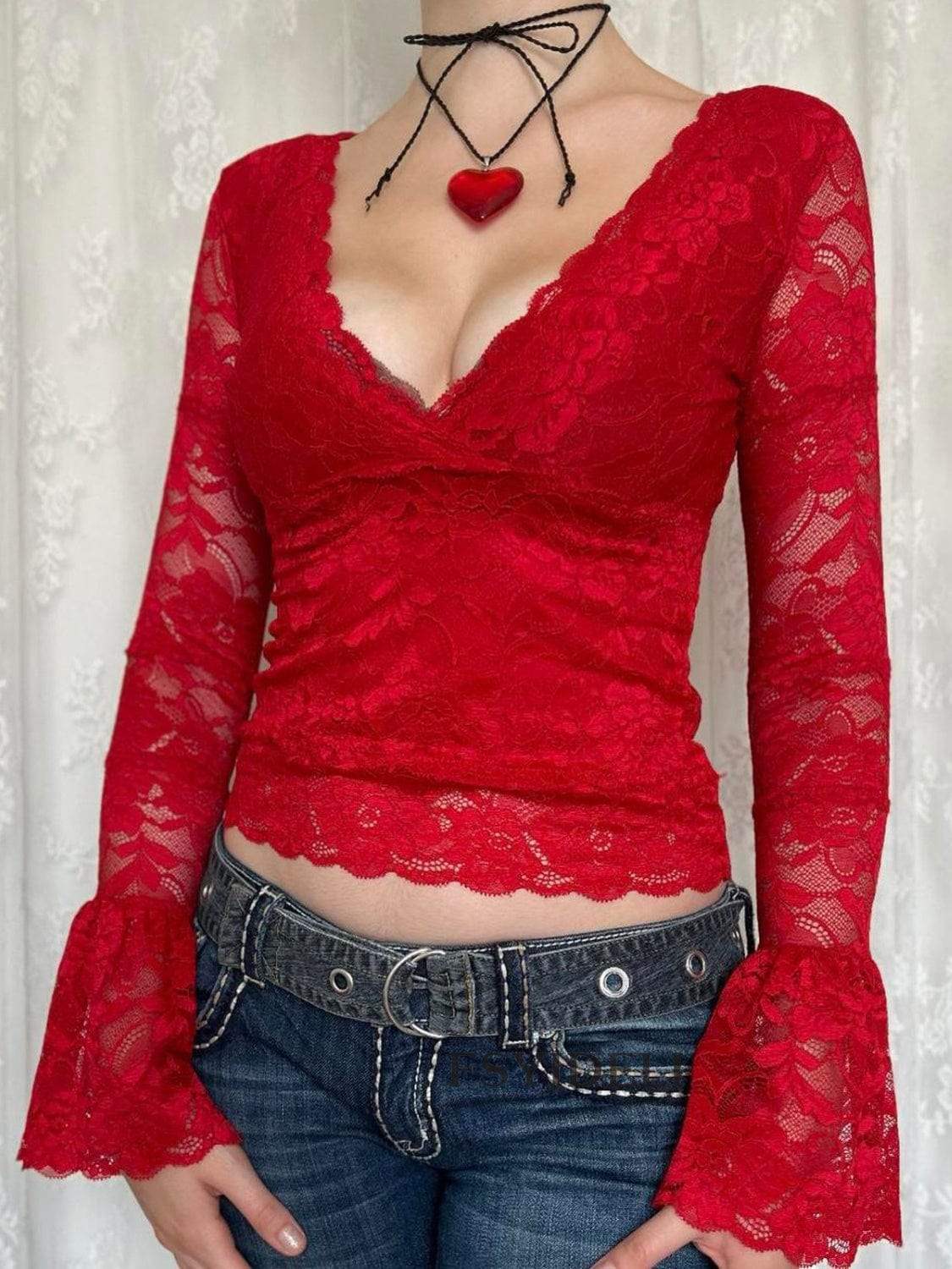 Lace Surplice Long Sleeve Blouse - Trendsi - Flyclothing LLC