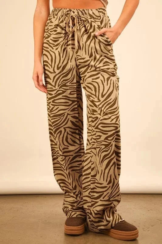 VERY J Animal Print Linen Wide Leg Pants - Trendsi