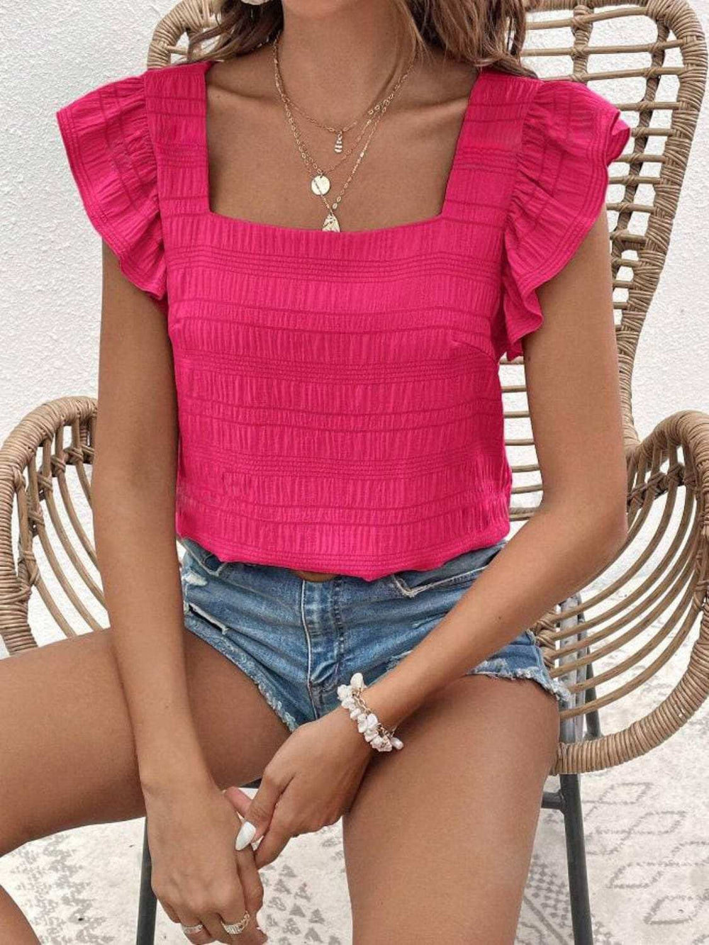 Ruffled Square Neck Cap Sleeve Blouse - Trendsi - Flyclothing LLC