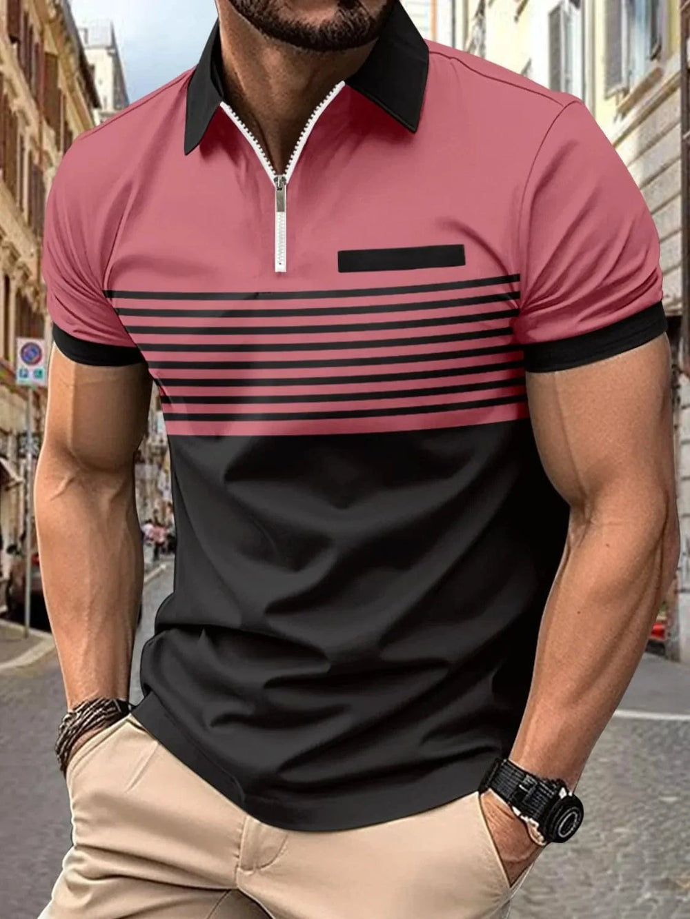 Men's Full Size Collared Neck Contrast Polo Plus Size - Trendsi