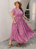 Plus Size Printed V-Neck Flutter Sleeve Tie Waist Maxi Dress - Trendsi