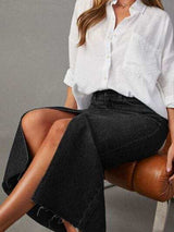 Raw Hem Front Slit Denim Midi Skirt - Trendsi - Flyclothing LLC