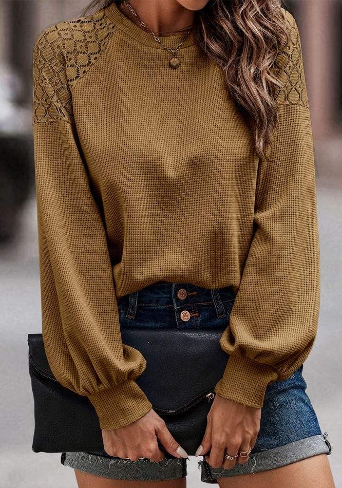Lace Detail Round Neck Lantern Sleeve Top - Trendsi - Flyclothing LLC