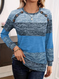 Decorative Button Contrast Round Neck Long Sleeve T-Shirt - Trendsi