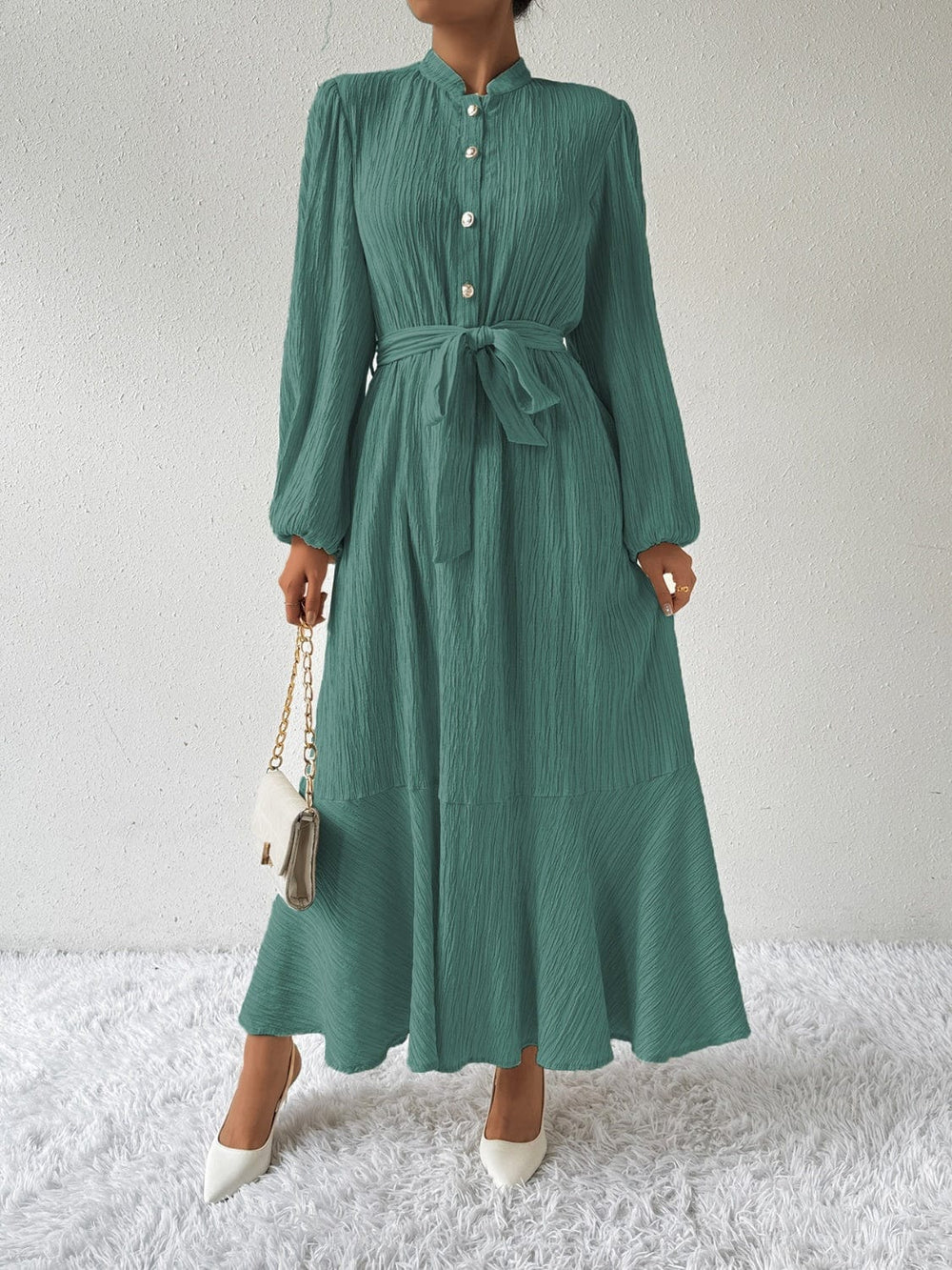 Tie Waist Long Sleeve Dress - Trendsi