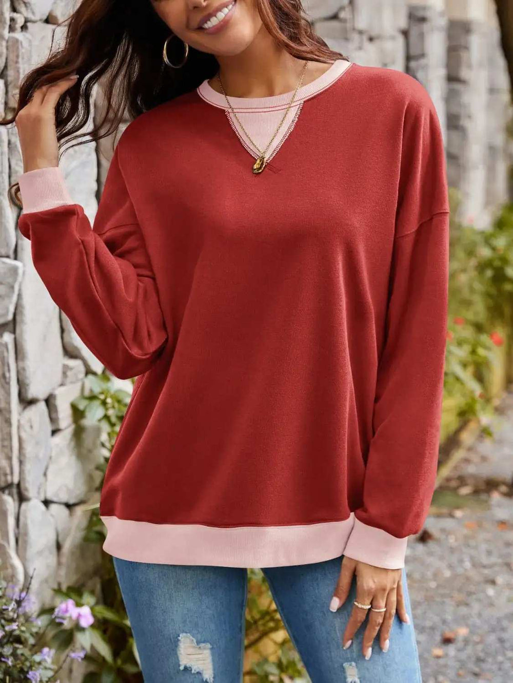 Contrast Round Neck Long Sleeve Sweatshirt - Trendsi - Flyclothing LLC