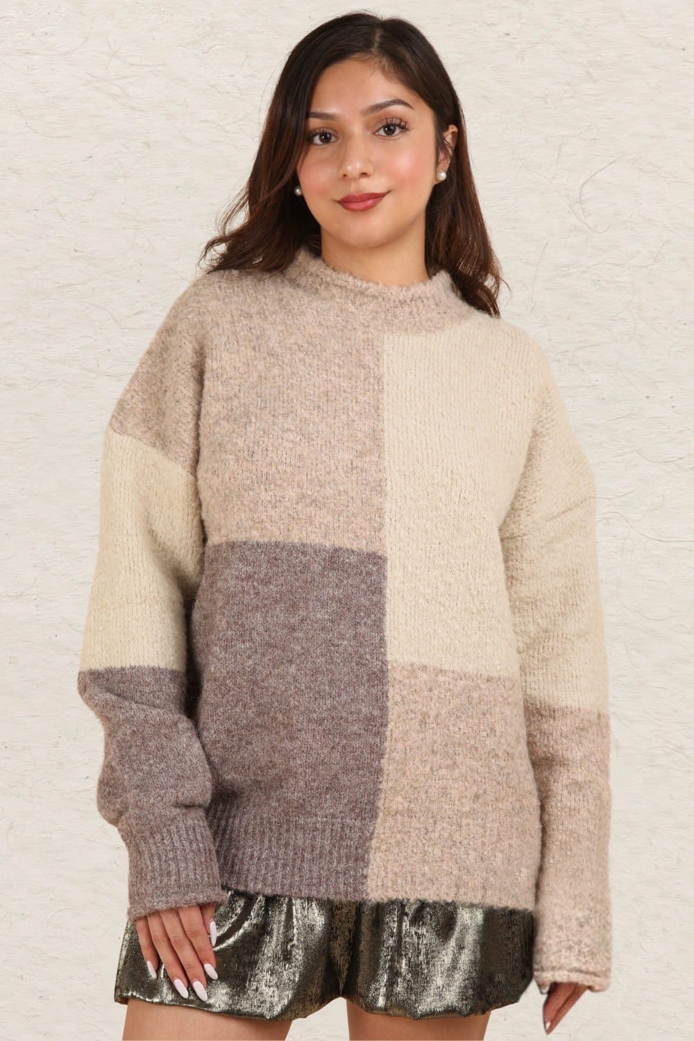 VERY J Color Block Mock Neck Drop Shoulder Sweater - Trendsi