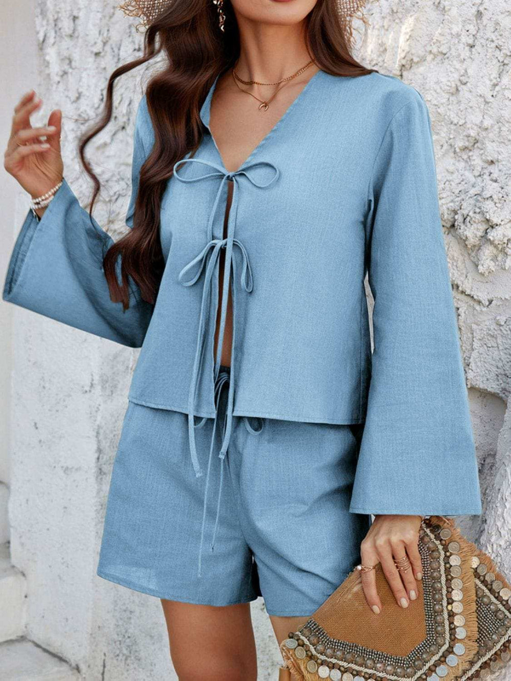 Devine Double Tied V-Neck Top and Shorts Set - Trendsi - Flyclothing LLC