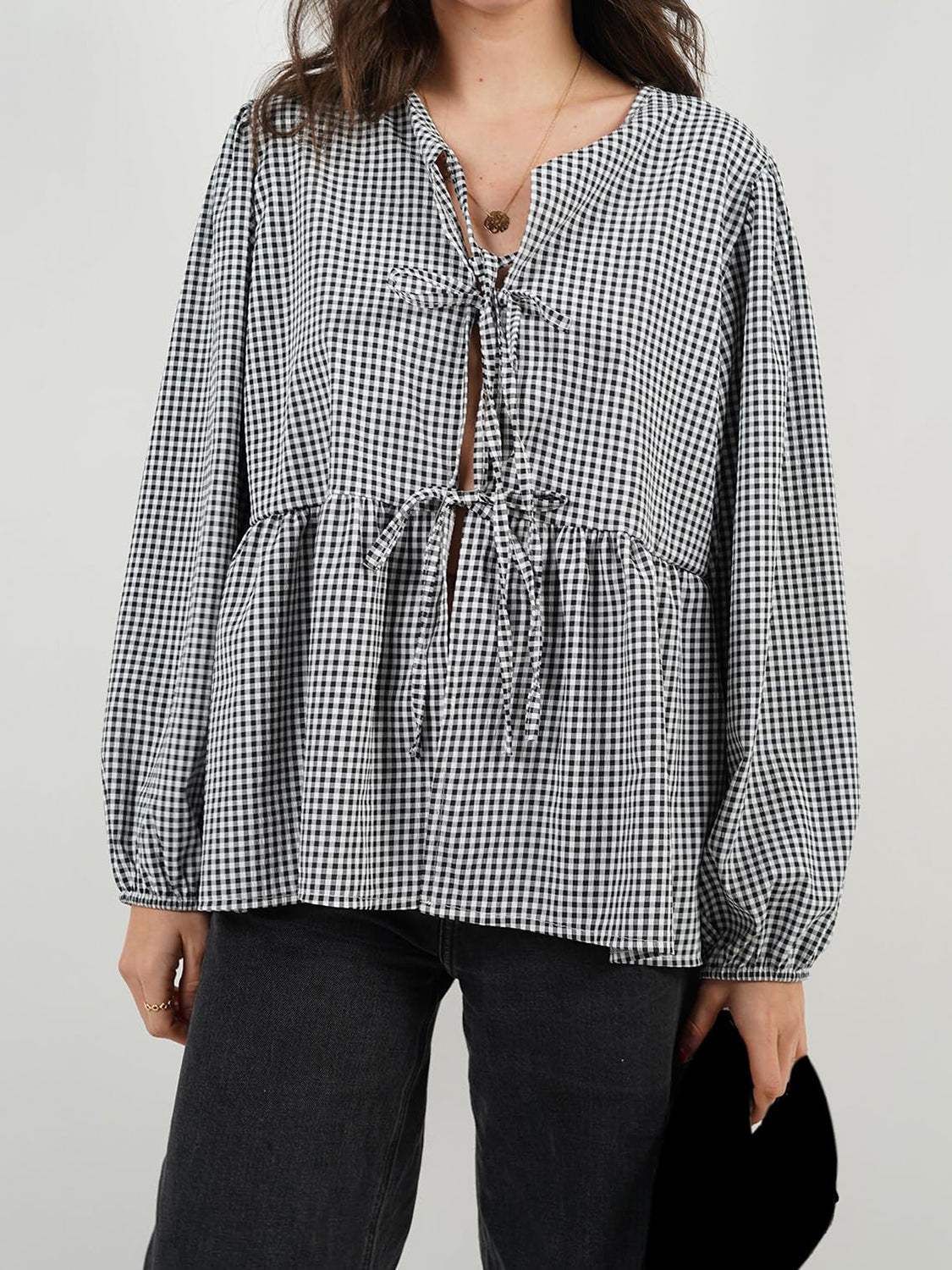 Tied Round Neck Long Sleeve Blouse - Trendsi - Flyclothing LLC