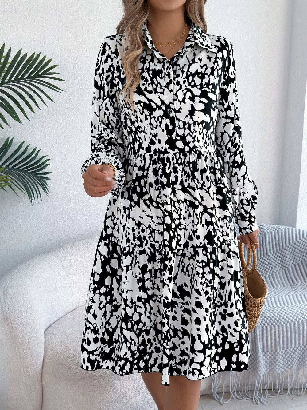 Printed Collared Neck Long Sleeve Dress - Trendsi - Flyclothing LLC