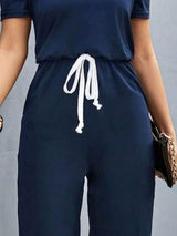 Round Neck Short Sleeve Jumpsuit - Trendsi - Flyclothing LLC