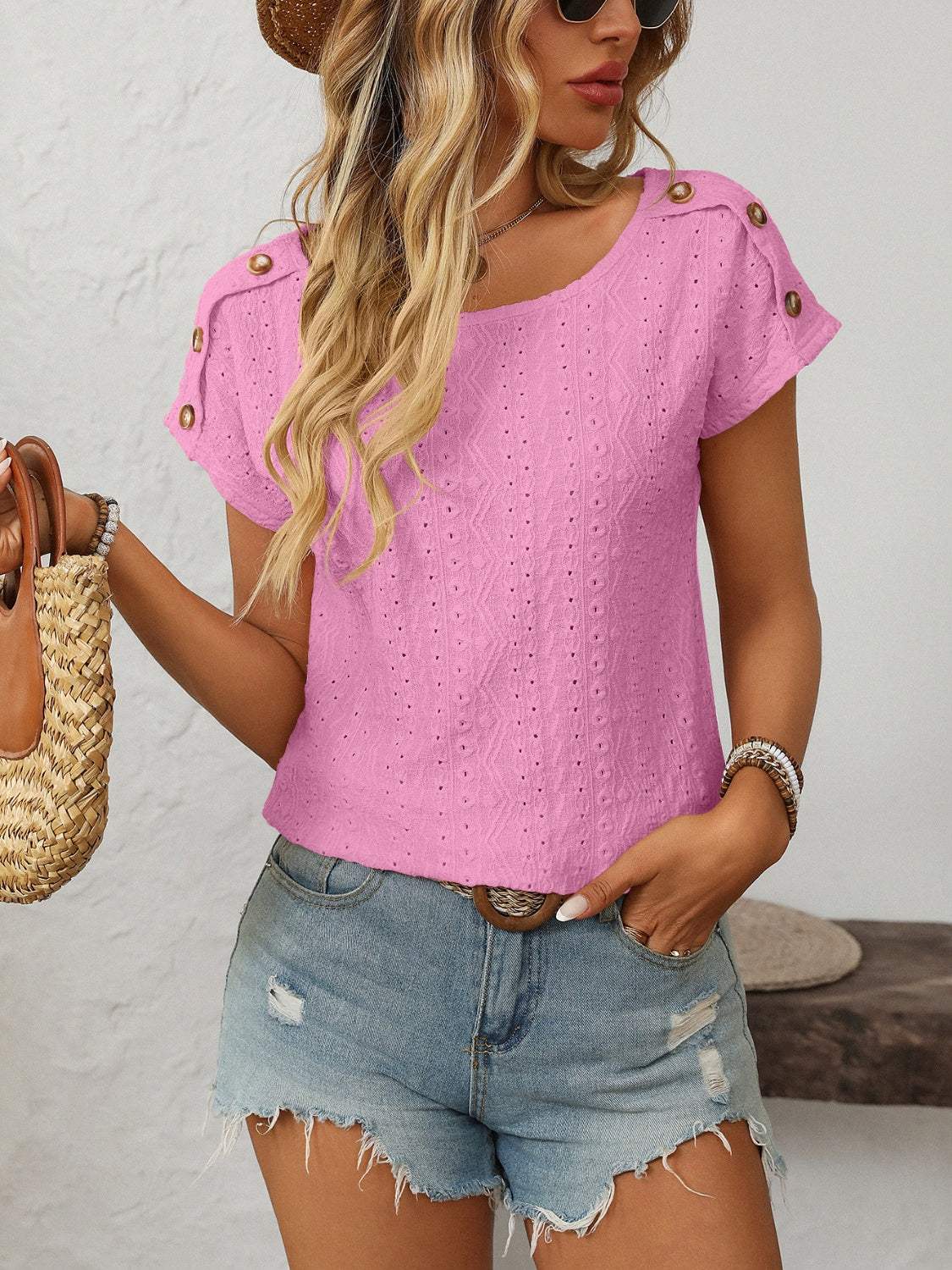 Mandy Eyelet Round Neck Short Sleeve Top - Trendsi - Flyclothing LLC