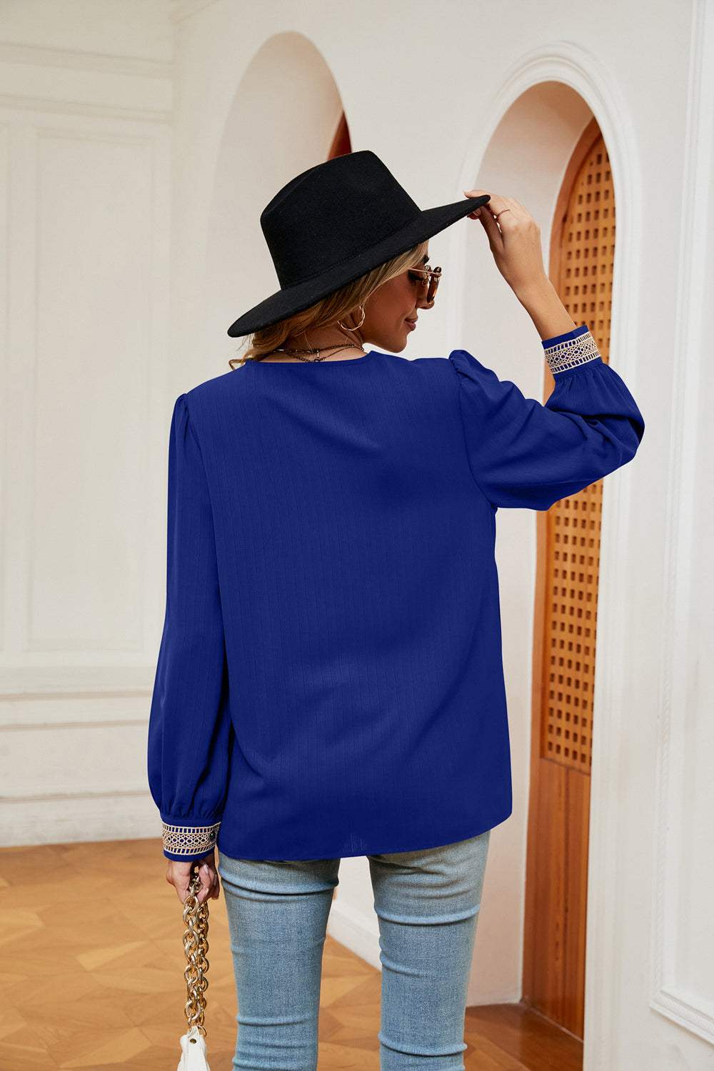 Contrast Puff Sleeve Blouse - Trendsi - Flyclothing LLC