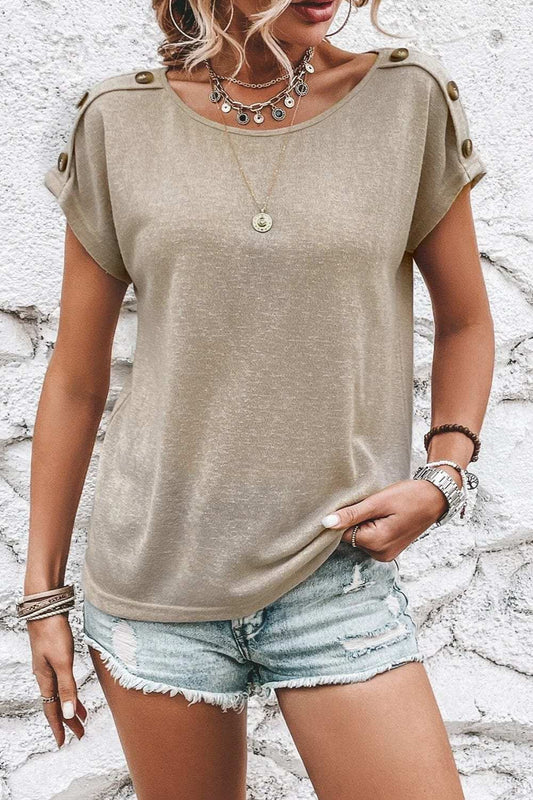 Decorative Button Round Neck Short Sleeve Blouse - Trendsi - Flyclothing LLC