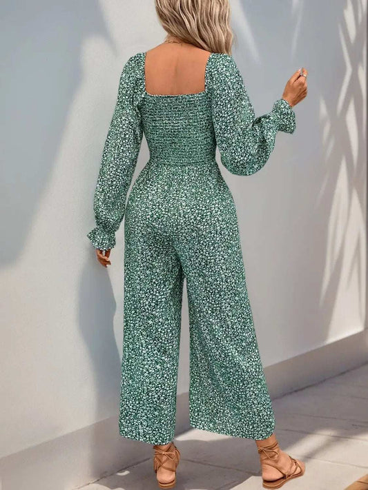 Perfee Smocked Printed Long Sleeve Wide Leg Jumpsuit - Trendsi - Flyclothing LLC