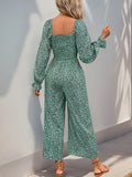 Perfee Smocked Printed Long Sleeve Wide Leg Jumpsuit - Trendsi