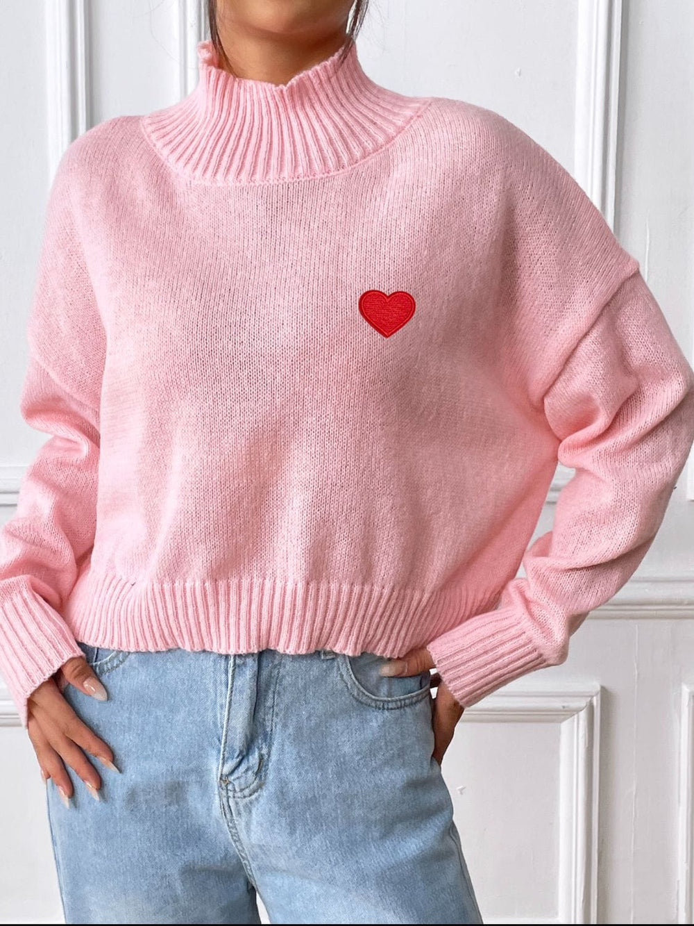 Heart Turtleneck Long Sleeve Sweater - Trendsi