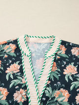 Floral Print Striped Trim V Neck Long Sleeve Ruffle Hem Shift Mini Dress - Trendsi - Flyclothing LLC