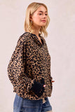 BiBi Leopard Print Waffle Half Zip Up Hoodie W Pocket - Trendsi - Flyclothing LLC