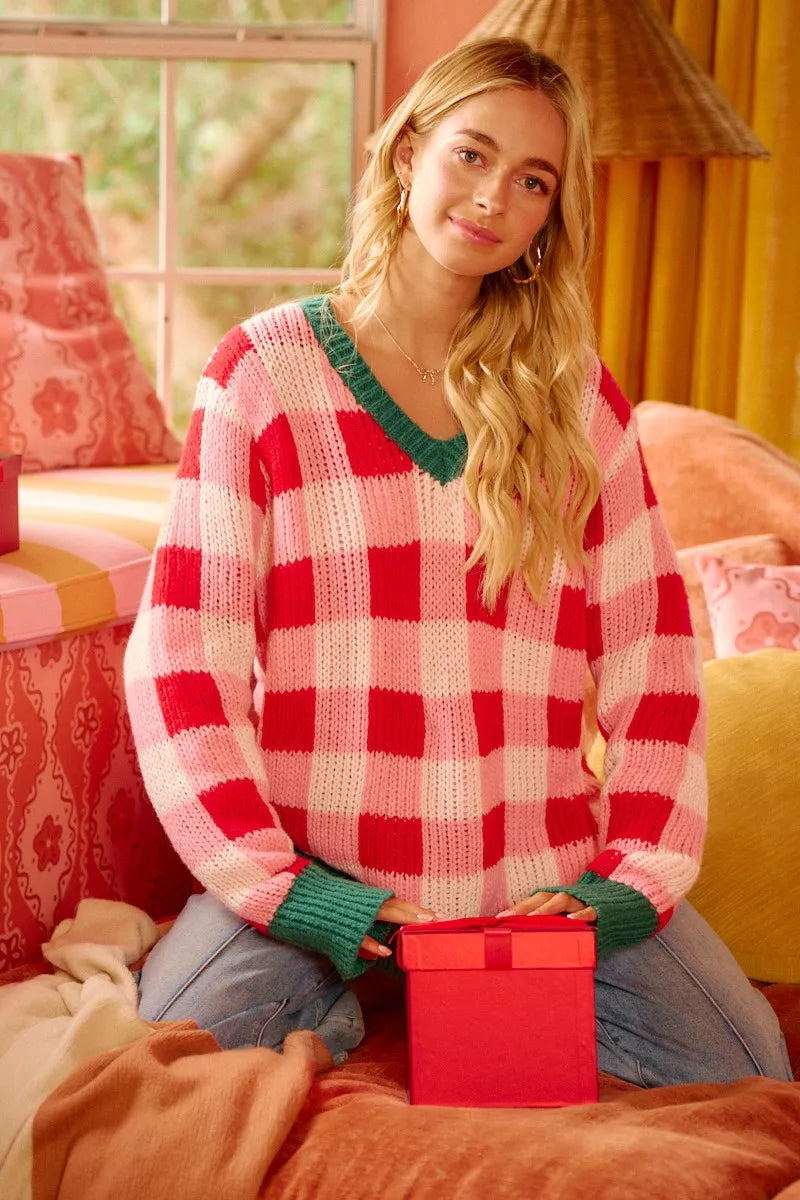 BiBi Christmas Theme Checker Board Sweater - Trendsi - Flyclothing LLC