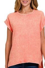 Zenana Woven Double Gauze Acid Washed Short Sleeve Top - Trendsi - Flyclothing LLC