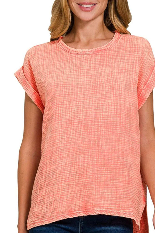 Zenana Woven Double Gauze Acid Washed Short Sleeve Top - Trendsi - Flyclothing LLC