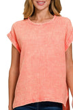 Zenana Woven Double Gauze Acid Washed Short Sleeve Top - Trendsi