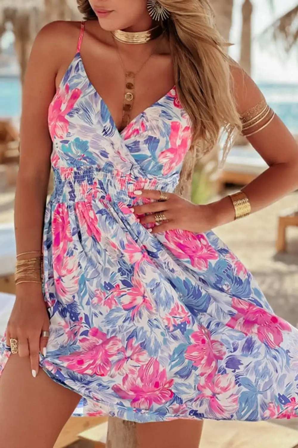 Floral Spaghetti Strap Surplice Neck Shirred Waist Mini Dress - Trendsi - Flyclothing LLC