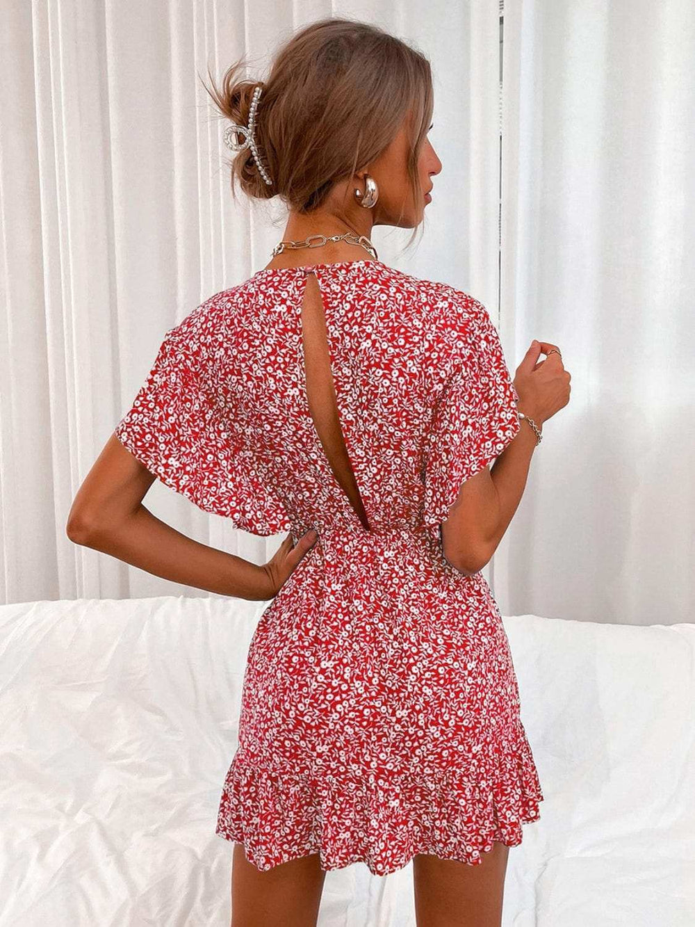 Cutout Ditsy Floral Surplice Flounce Sleeve Dress - Trendsi - Flyclothing LLC