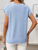 Cable-Knit V-Neck Short Sleeve Knit Top - Trendsi - Flyclothing LLC