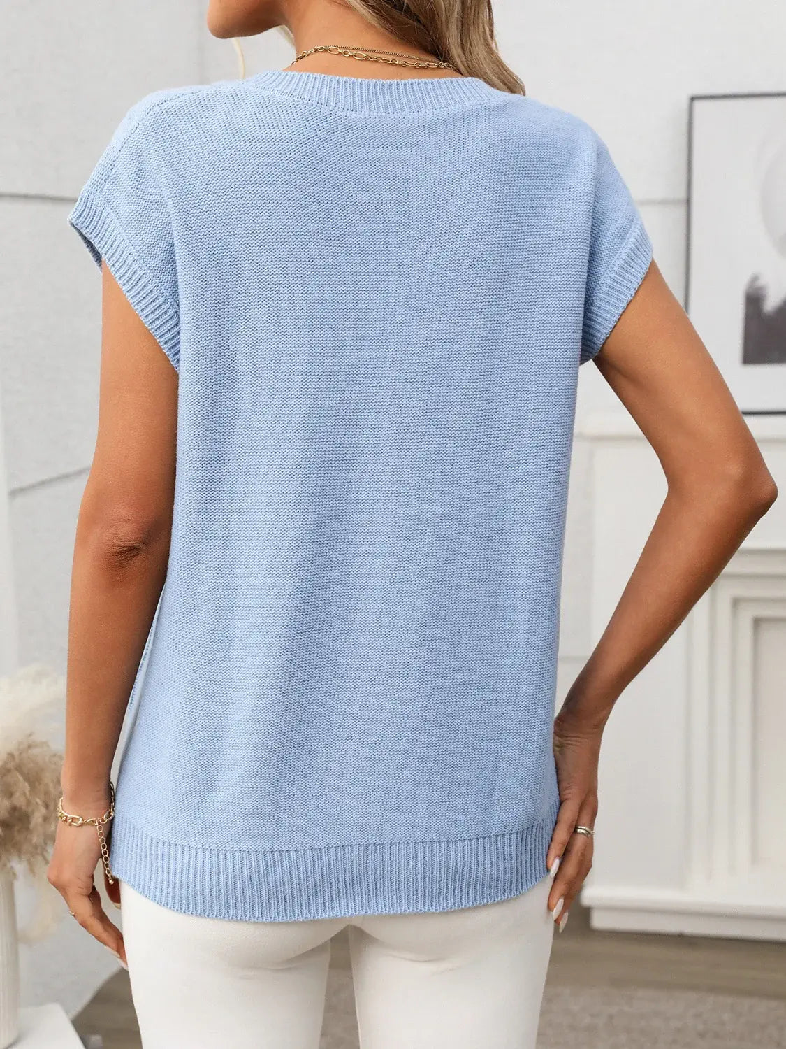 Cable-Knit V-Neck Short Sleeve Knit Top - Trendsi - Flyclothing LLC
