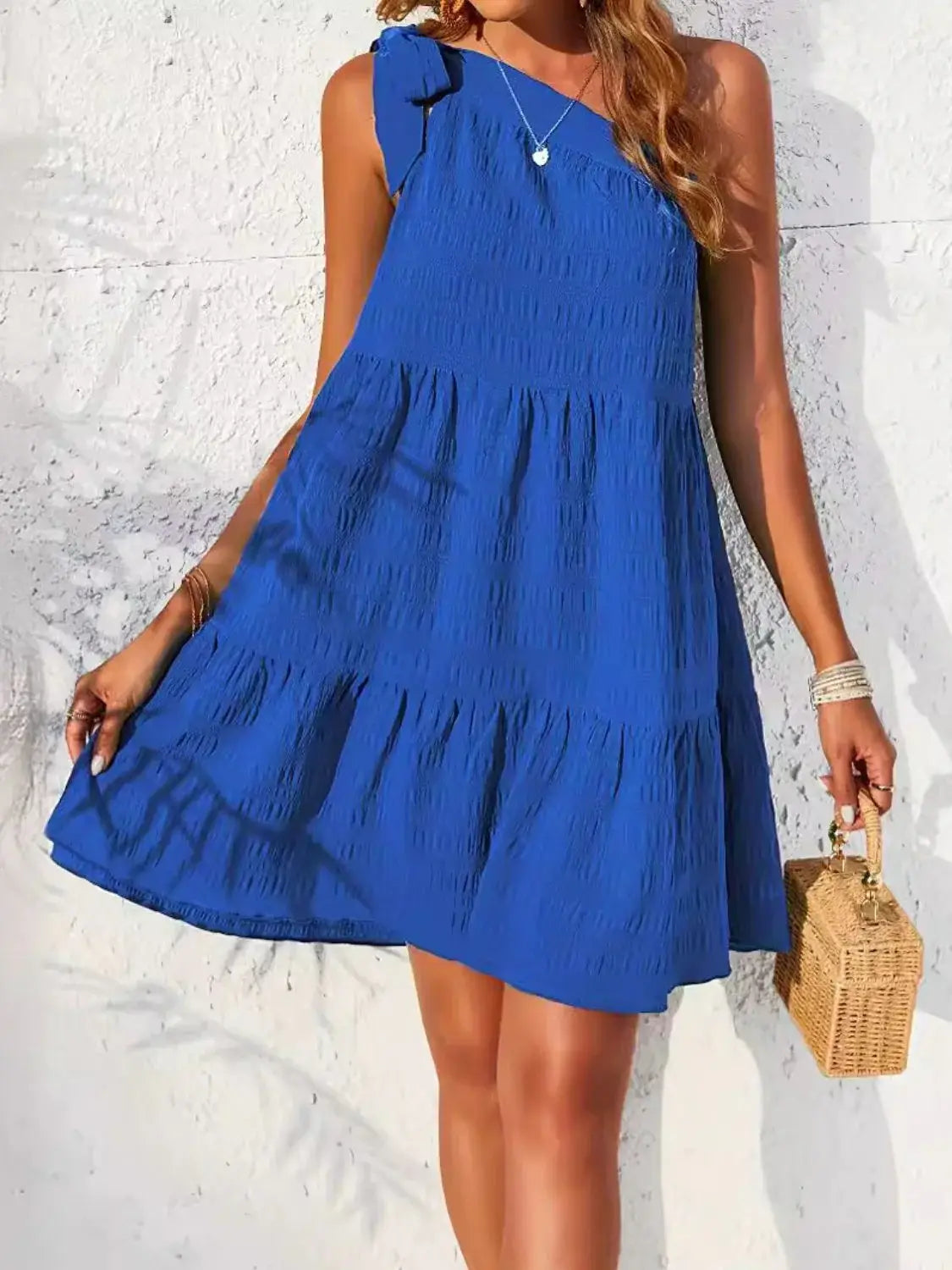 Textured Tied Single Shoulder Mini Dress - Trendsi - Flyclothing LLC