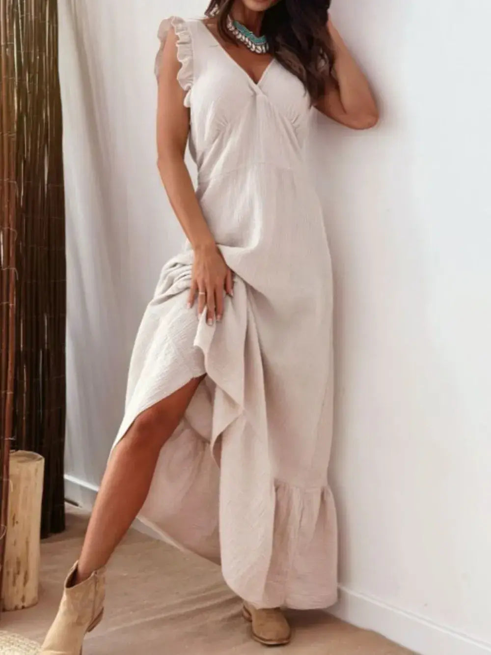 Ruffled V-Neck Cap Sleeve Maxi Dress - Trendsi - Flyclothing LLC