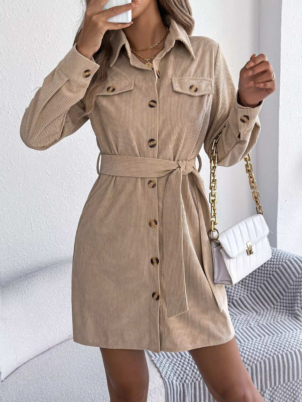 Button-Front Corduroy Shirt Dress - Trendsi - Flyclothing LLC