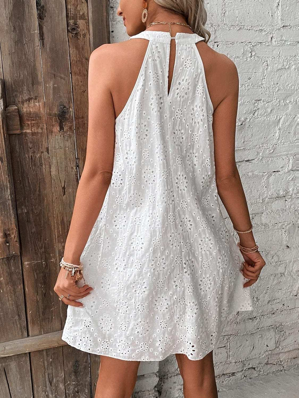Eyelet Grecian Neck Mini Dress - Trendsi - Flyclothing LLC